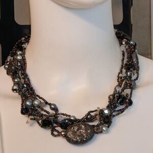 Vintage black mixed bead, stone, crystal collar necklace